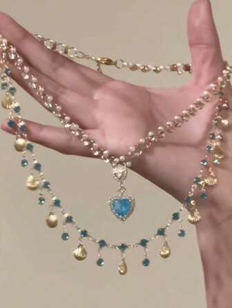 1 件贝壳海蓝宝石锆石复古多层流苏项链，女士款，精致百搭