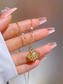 1pc 18K Gold Plated Stainless Steel Hollow Shell Pearl Pendant Necklace For Women Party