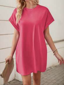 hoteel Basic Minimalist Pure T-Shirt Mini Dress With Pockets, Casual Street Style Idea To Daily Wear, Woman Clothes - 薔薇色 - 查看 4