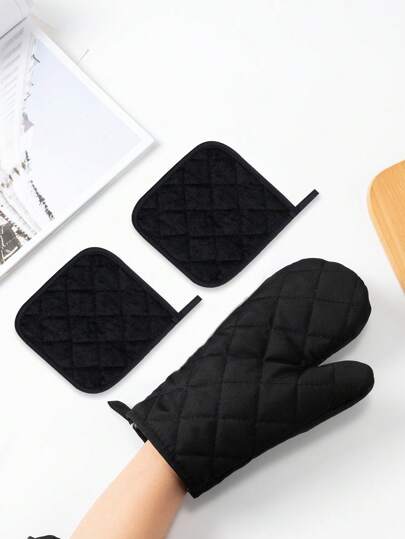 2 pezzi/4 pezzi Set di guanti da forno e presine neri, in poliestere stampato, guanti da forno resistenti al calore spessi, adatti per cucina, sala da pranzo, soggiorno