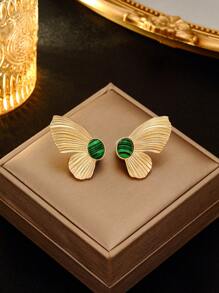 1 Pair Gold-Tone Butterfly Stud Earrings Inlaid With Natural Turquoise, White Turquoise And Malachite, Elegant And Versatile Earrings Suitable For Evening Parties And Everyday Wear, Symbolizing Hope And Good Wishes As A Fashion Accessory For Women