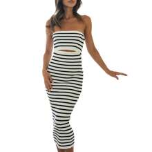 Vestido largo casual de verano para mujer sin tirantes, sin espalda, con abertura, a rayas y parches - Blanco y Negro - Ver 2