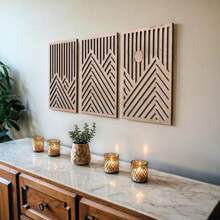 3 pièces Œuvre murale en bois rustique - Grandes sculptures géométriques de montagnes et de soleil, ensemble de 3, décoration d'intérieur bohème pour salon, chambre à coucher, bureau avec installation facile