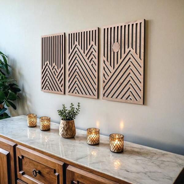 Set de 3 piezas de decoración de pared de madera rústica - Grandes esculturas geométricas de montañas y sol, decoración del hogar bohemia para sala de estar, dormitorio y oficina con fácil instalación