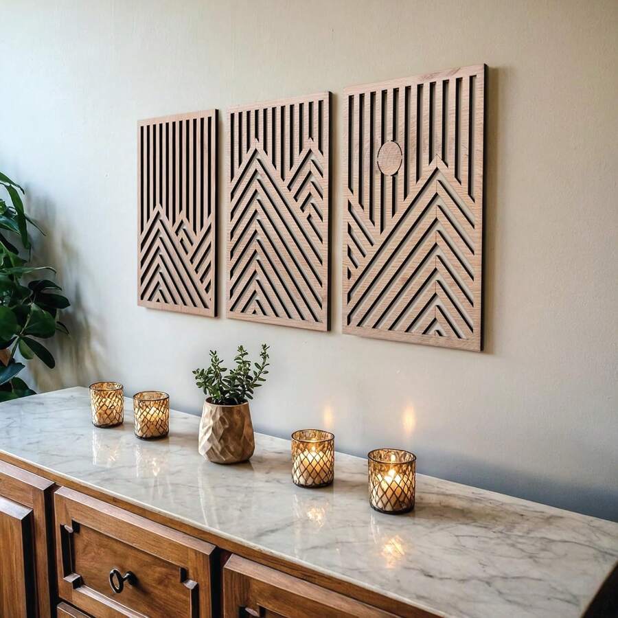 3 pièces Œuvre murale en bois rustique - Grandes sculptures géométriques de montagnes et de soleil, ensemble de 3, décoration d'intérieur bohème pour salon, chambre à coucher, bureau avec installation facile