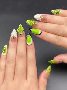 2025 New Y2k European And American Niche Polka Dot Green Leaf Shell Almond French Style Personalized Manicure Pure Handmade Wear Nail 10 Pieces,Press On Nails - Follow Your Heart - View 5