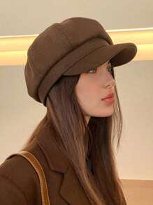 1pc Letter Buckle Octagonal Cap Beret Hat, Fashionable Brimmed Beret Cap, Suitable For Women, Versatile Spring/Summer Korean Style, Fits Large Head - Black - View 4
