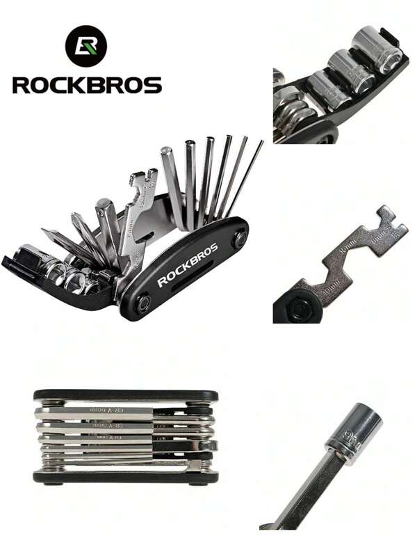 ROCKBROS Herramienta de combinación de reparación de bicicleta, kit multifuncional plegable negro de 16 en 1 para reparación de bicicletas