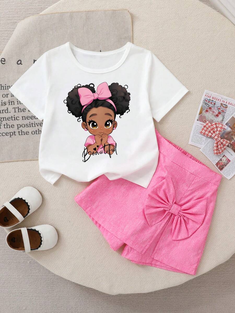 2pcs Girls Cartoon Print White Short Sleeve Top And Pink Skirt Shorts Set,Cute & Sweet, Fit For Casual Outings & Holiday, Summer