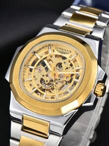 LONGLUX 1pc Hollow Automatic Mechanical Men's Watch, Stainless Steel Strap, Business Watch - Multicolor - View 3