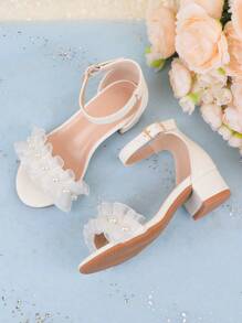 女孩时尚可爱纯色花朵露趾高跟凉鞋，透气轻便，适合婚礼、派对、公主鞋 - 白色 - 查看 5