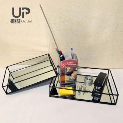 Bandeja Organizadora Multiuso Decorativa Espelhado Preto Retangular Decoração Banheiro