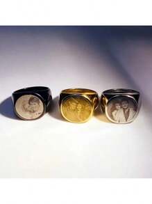 [Daily Comfort] Customized Engraved Photo Ring - Stainless Steel Memorial Jewelry For Men, Available In Black And Gold, Ideal For Birthday, Graduation, Christmas Gift, Spouse, Family, Friends