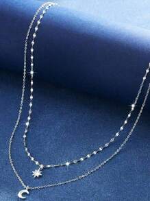 1件独特的欧美风格金色水钻吊坠项链，不锈钢扣锁骨链，适合日常佩戴、约会和派对。 - 銀色星月雙層項鍊 - 查看 2