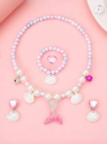 4pcs/Set Mermaid Princess Pearl Beaded Jewelry Set, DIY Necklace Cute Creative Accessories For Kids