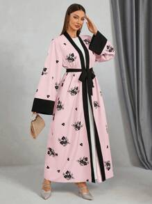 Women's Elegant Floral Print Colorblock Belted Abaya, Vacation Long Boho Modest Robe - Pink - View 6