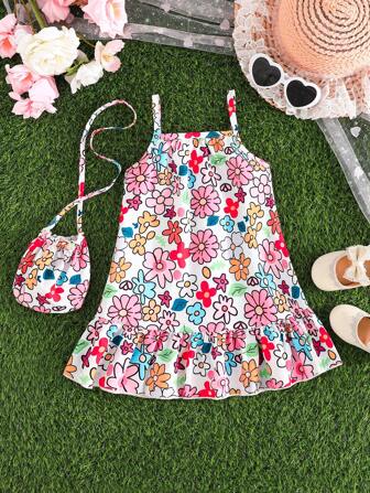 女婴无袖可爱花朵装饰连衣裙，女童日常连衣裙（带包）