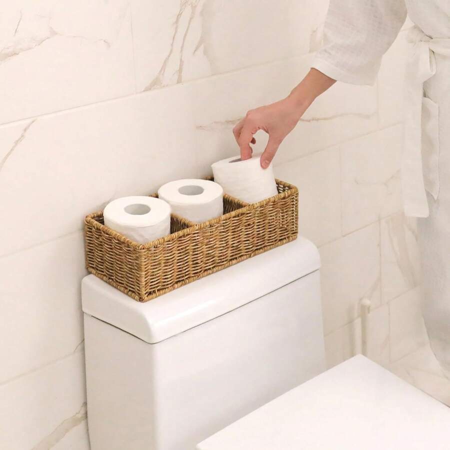 带 3 个隔间的柳条篮、用于整理的编织篮、储物篮、马桶水箱篮、浴室柜台整理器、卧室整理器、树脂柳条 1 件、卫生纸篮、浴室篮 - 棕色 - 查看 1