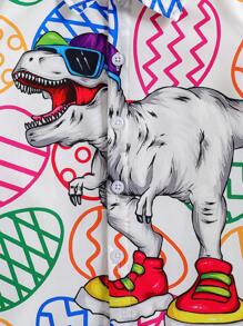 2pcs Young Boy Cartoon Dinosaur & Easter Egg Print Lapel Button-Front Short Sleeve Shirt + Shorts Set, Fashionable Outfit For Casual, Outdoor, Easter Party, Spring/Summer