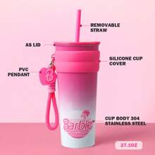 Miniso Vaso grande de acero inoxidable de Barbie con pajita y colgante como opción de regalo (800 ml) - Rojo y blanco - Ver 6