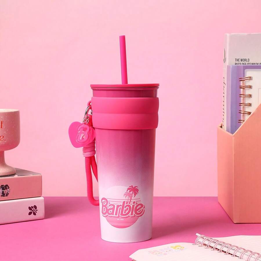 Miniso Vaso grande de acero inoxidable de Barbie con pajita y colgante como opción de regalo (800 ml) - Rojo y blanco - Ver 1