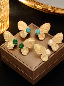 1 Pair Gold-Tone Butterfly Stud Earrings Inlaid With Natural Turquoise, White Turquoise And Malachite, Elegant And Versatile Earrings Suitable For Evening Parties And Everyday Wear, Symbolizing Hope And Good Wishes As A Fashion Accessory For Women