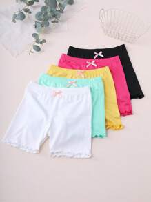 5 Girls Solid Color Bowknot Panties, Ruffled Safety Shorts, Suitable For Daily Life