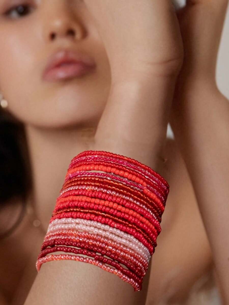 20pcs Bohemian White Series Rice Bead Layered Elastic Bracelet Set For Women - Red - View 1