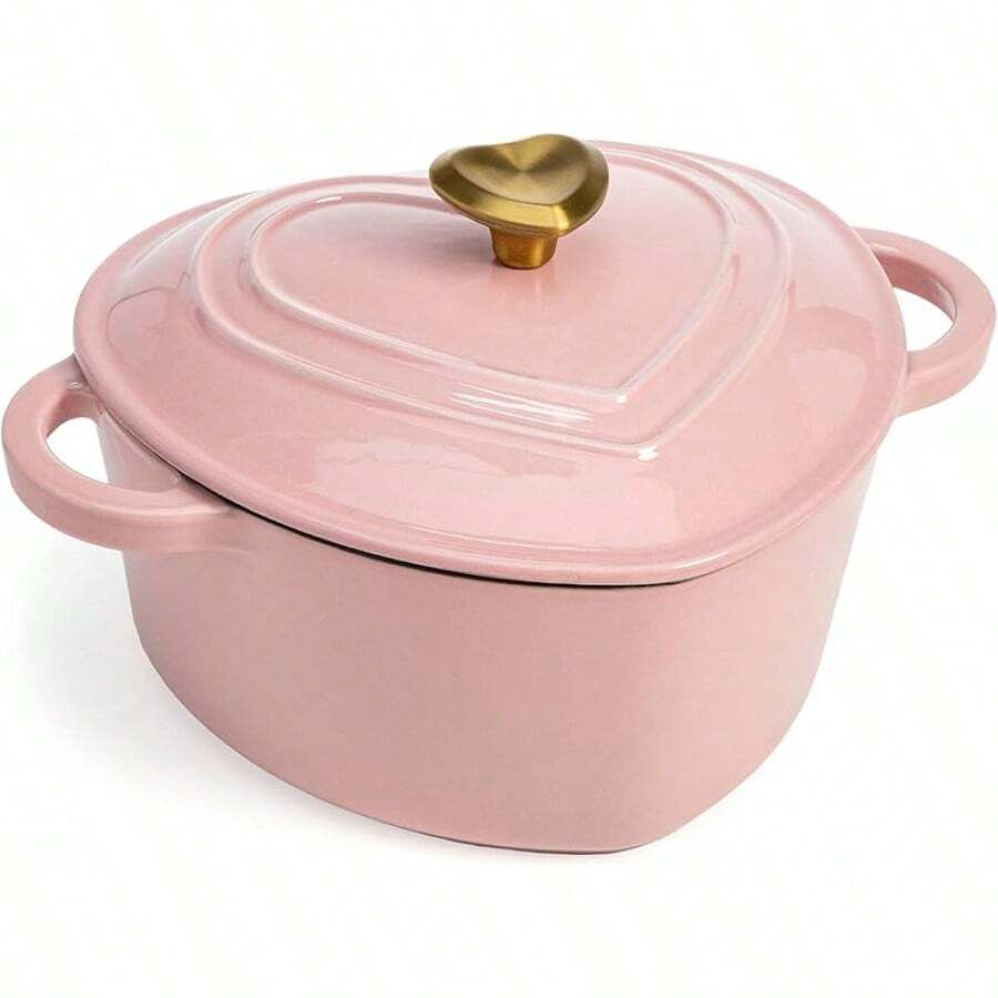 Local Warehouse Paris Hilton Enameled Cast Iron Dutch Oven Heart-Shaped Pot With Lid, Dual Handles, Works On All Stovetops, Oven Safe To 500 ° F, 2-Quart, Pink - 粉色 - 查看 1