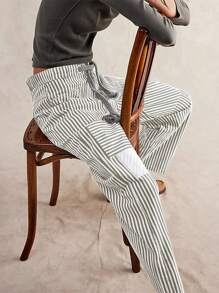Women Striped Pants Elastic Waist Drawstring Patchwork Wide Leg Pants Loose Trousers With Pockets - 灰色 - 查看 5