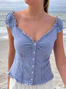 Women's Y2K Fairycore Shirt Top Vintage Cap Sleeve Button Down Ruffle T Shirts Tops Solid Color Slim Fit Frill Tees Summer Blouses Casual Going Out Tops Aesthetic Clothes Streetwear - Màu xanh nhạt - Xem 1