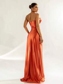 LONG PARTY DRESS WEDDING LAUNCH GODMOTHER FASHIONISTA STRAPLES WITH SLIT - Burnt Orange - View 2