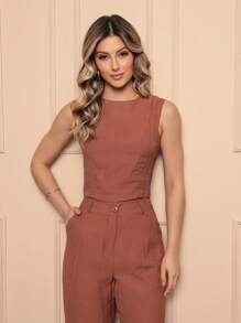 Women's Casual Tailored Set Plain Blouse With Long Trousers - 鏽棕色 - 查看 5