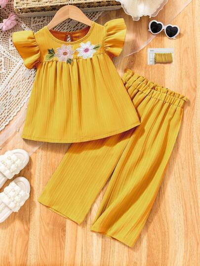 Young Girl 2 Pieces Set: Embroidered Green Blouse With Ruffle Sleeves & High-Waist Wide-Leg Pants, Fresh & Stylish For Daily Wear, Suitable For Spring/Summer, Fits Young Girl Ages 4-7