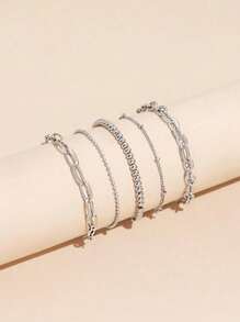 5 件/套球珠袖口女士男士波西米亚海滩金色银色手链饰品金属个性珠宝 - 銀色 - 查看 4