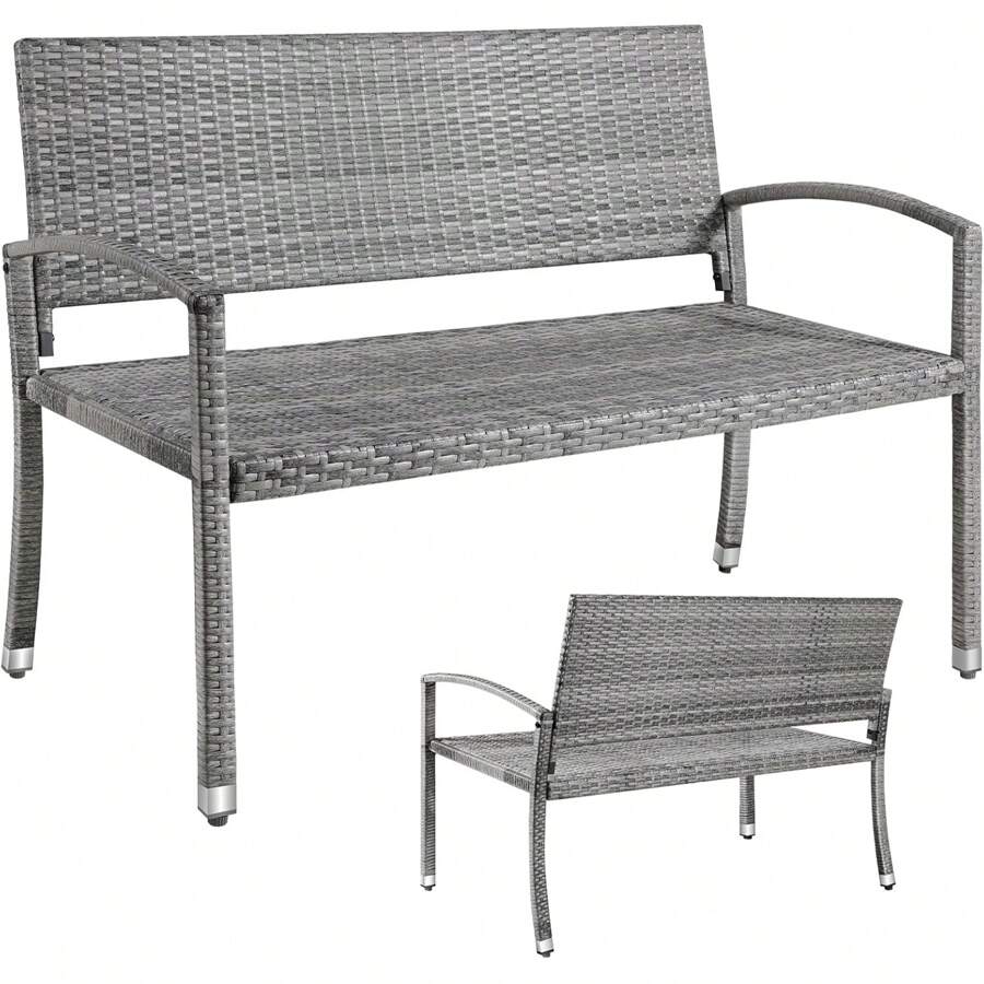 2 Seater Garden Bench Rattan, 122x62x90cm Polyrattan Bench Weatherproof, Balcony Bench, 320kg Load Capacity, Comfortable Garden Furniture Bench, Double-Sided Rattan Bench