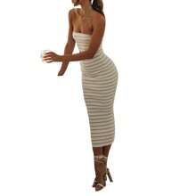 Women Summer Casual Tube Dresses Strapless Backless Hollowed Striped Patchwork Long Dress Clubwear