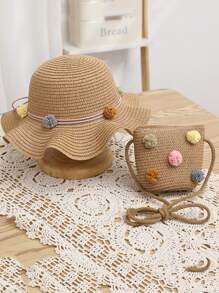 2pcs/Set Toddler Girls' Straw Hat & Backpack Set, Outdoor Beach Sun Protection Hat & Cartoon Ball Decorated Backpack, Suitable For Daily Wear, Summer
