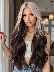 26 Inch Graded Brown Medium Length Curly Forehead 4*1 Small Lace Synthetic Heat Resistant Fiber Wig For Ladies Daily Party Christmas Use