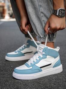 男士复古简约舒适厚底减震百搭休闲运动鞋，四季字母撞色高帮防滑平底滑板鞋 - 白月 - 查看 8