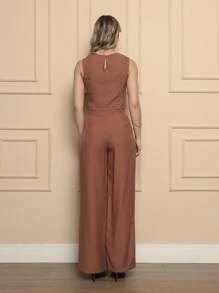 Women's Casual Tailored Set Plain Blouse With Long Trousers - 鏽棕色 - 查看 3