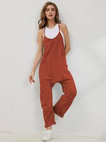 Women's Causal Jumpsuits V Neck Sleeveless Harem Overalls Stretchy Adjustable Strap Romper With Pockets - Rỉ Nâu - Xem 3