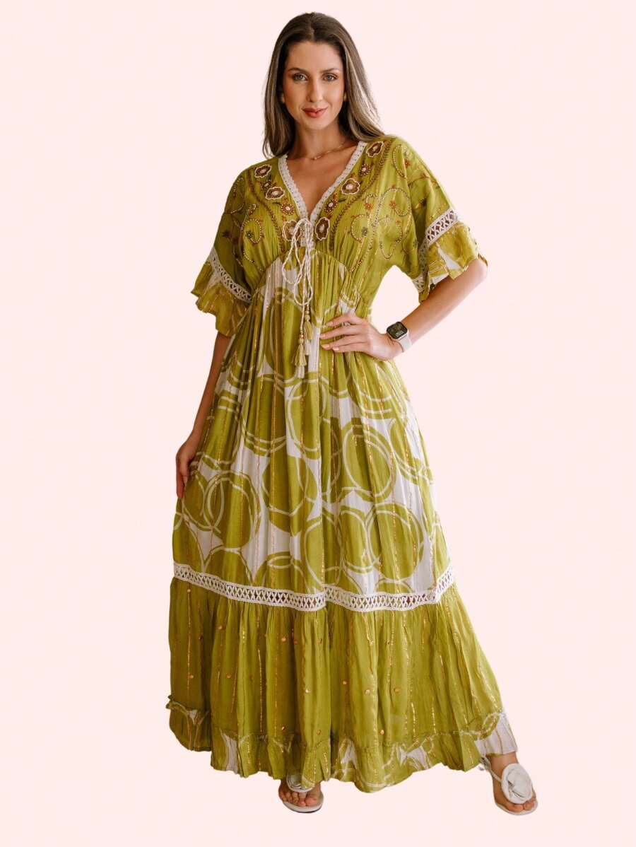 Boho Chic Long Dress With Embroidered Print And Lurex Thread 2412 - Green - View 1