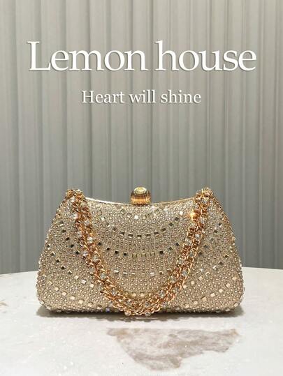 1pc Gold Glitter Luxury Crystal Evening Clutch, High-End Elegant Cosmetic Box Shaped Handbag, Bridal Wedding Party Purse For Women