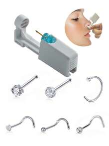 7pcs/Set Disposable Sterile Low-Pain Nose Piercing Gun, Includes Zirconia Nose Studs & 6 Different Style Nose Rings, With Video Tutorial, Suitable For Beauty Self-Use Piercing Tool & Accessories - Multicolor - View 11