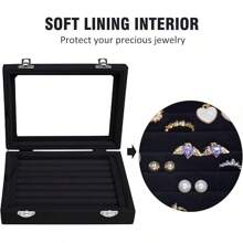 Rings Organizer Tray Slots Velvet Jewelry Earring Storage Box With Transparent Lid Jewelry Display Wife Mom Women (Beige) - Black - View 3