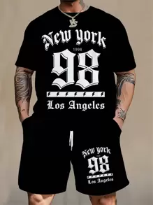 Conjunto de 2 peças Plus Size Masculino Estilo Esportivo Número Numérico e Conjunto de Camiseta Estampada de Letras, Adequado para Todas as Estações - Preto - Ver 1