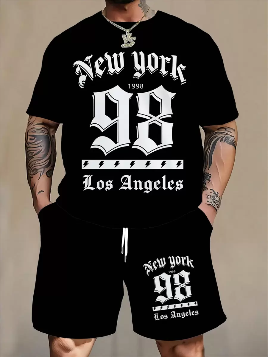 Conjunto de 2 peças Plus Size Masculino Estilo Esportivo Número Numérico e Conjunto de Camiseta Estampada de Letras, Adequado para Todas as Estações - Preto - Ver 1