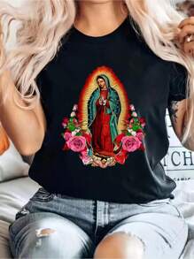 100% Cotton Our Lady Of Guadalupe Virgin Mary T-Shirt Print Graphic Print Solid T-Shirt, Women's Casual Short Sleeve Top For Spring & Summer, Women Graphic T-Shirts - Black - View 1