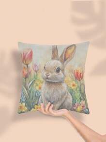 Easter-Themed 4pcs Pillowcase Set, Rabbit And Floral Design, Soft Polyester, Zipper Closure, Suitable For Various Room Types - No Insert Included, Skin-Friendly, Living Room Sofa
